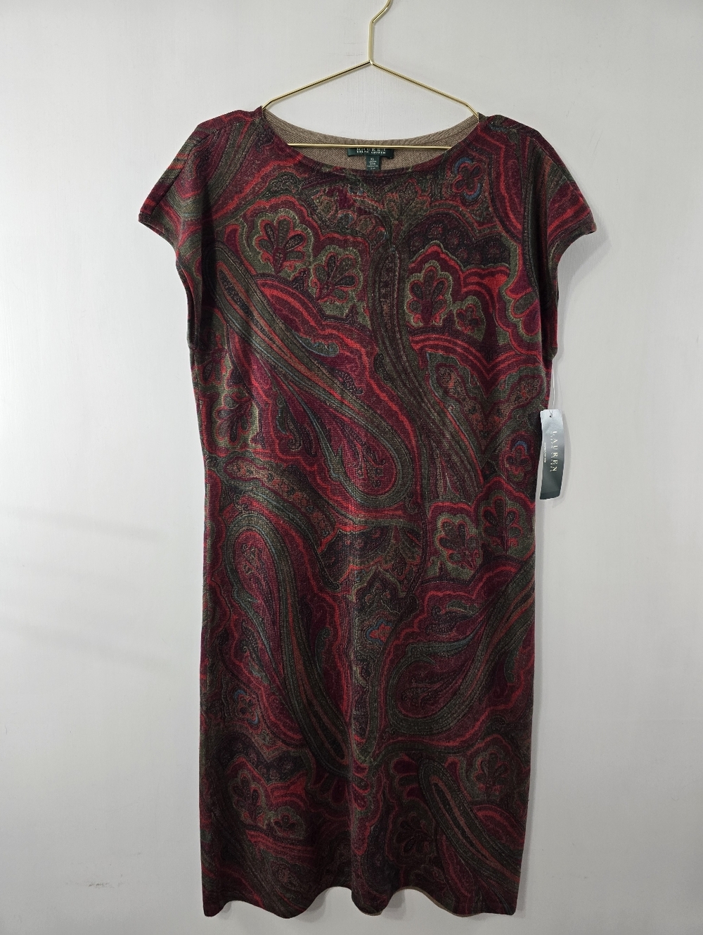 Ralph Lauren Cashmere Silk Paisley Print Multicolor Cap Dolman Sleeve Midi Dress